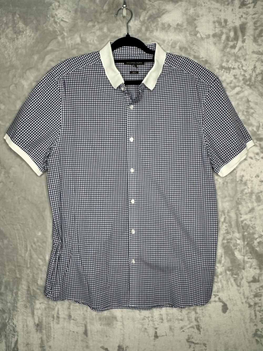 Michael Kors Shirt Mens 2XL Blue Check Short Sleeve Button Front Slim Fit Casual